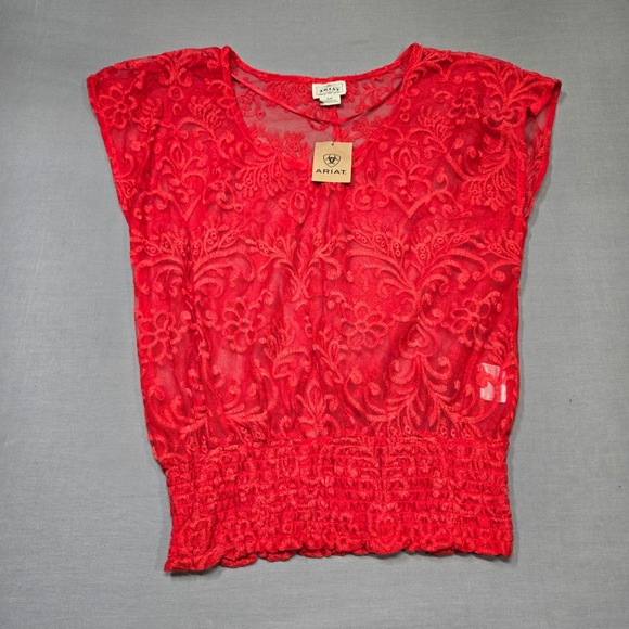 Ariat Tops - NWT Womens Whimsigoth Vampire Lace‎ Size S Red Romantic Sheer Smocked Waist Top